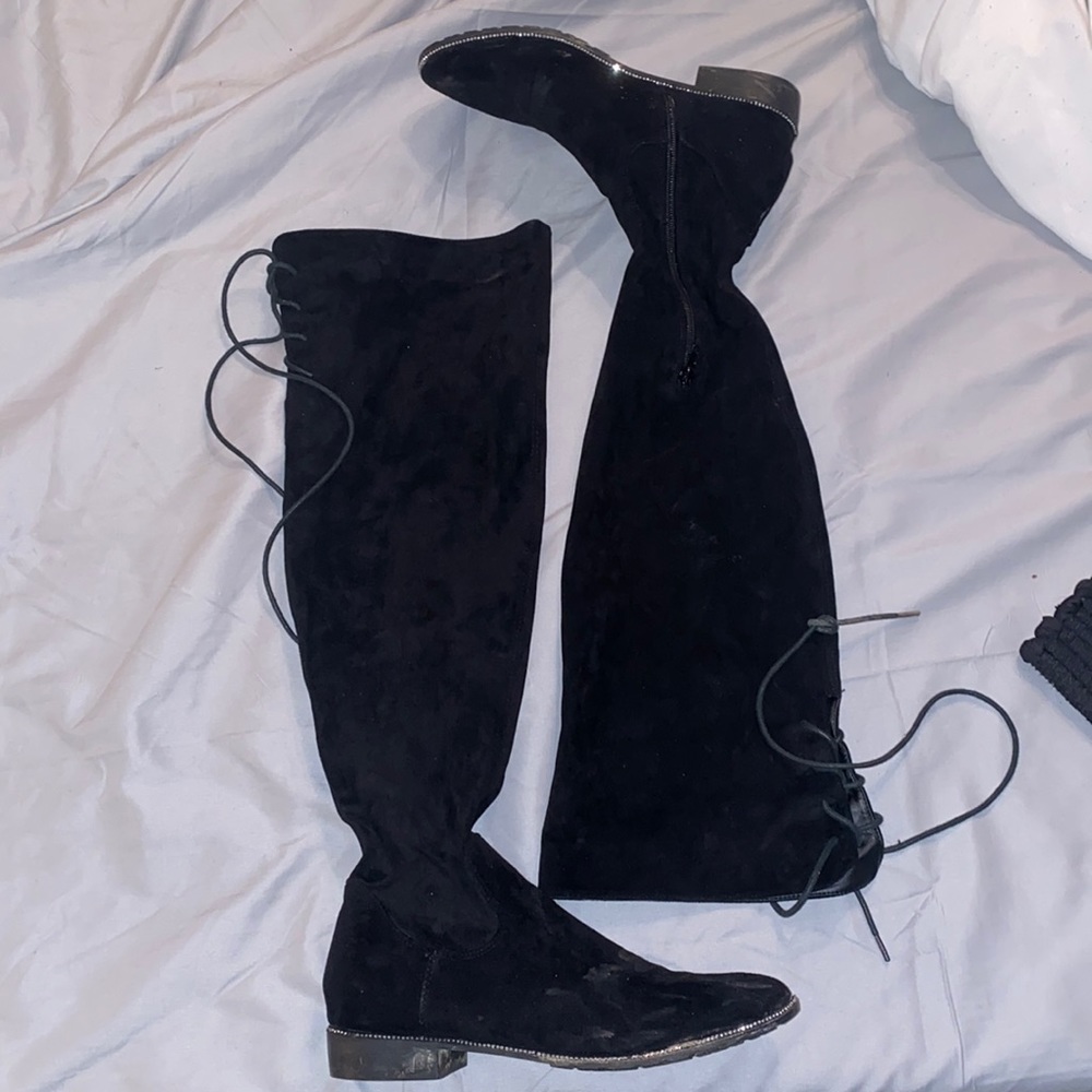 Knee high black suede boots